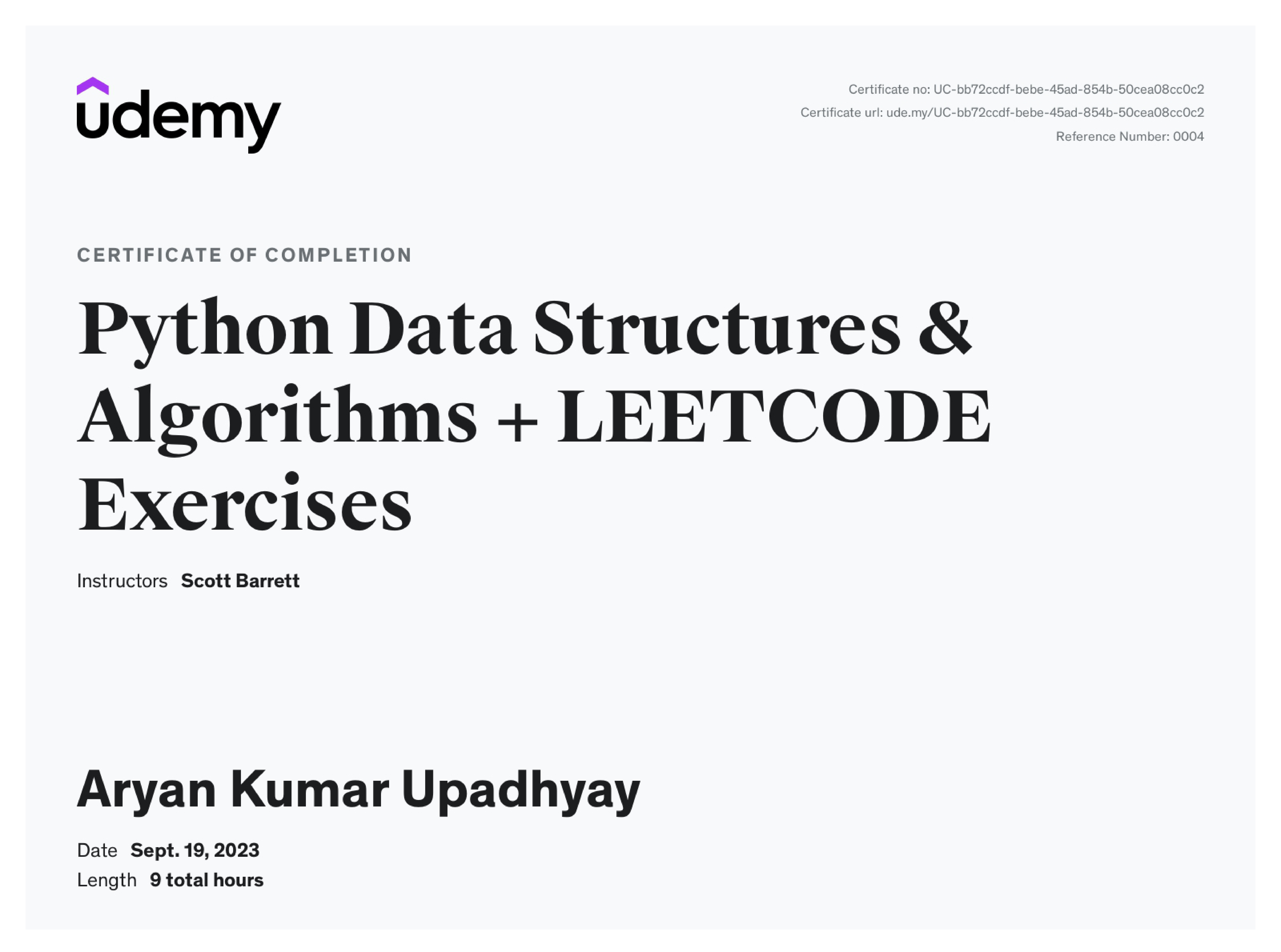 Data Structures and Algorithms Certificate – Aryan Kumar Upadhyay codeXploit